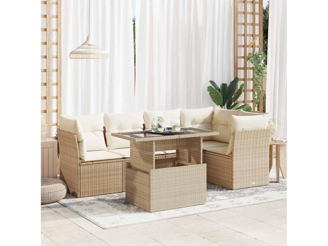 6 Pcs Conjunto De Sofás P/ Jardim Com Almofadões Vime Pe Bege Dkd Home Decor
