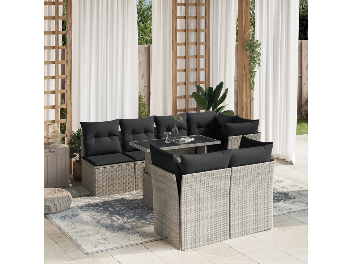 Vidaxl 8 Pcs Conj. Sofás Jardim C/ Almofadões Vime Pe Cinzento-claro