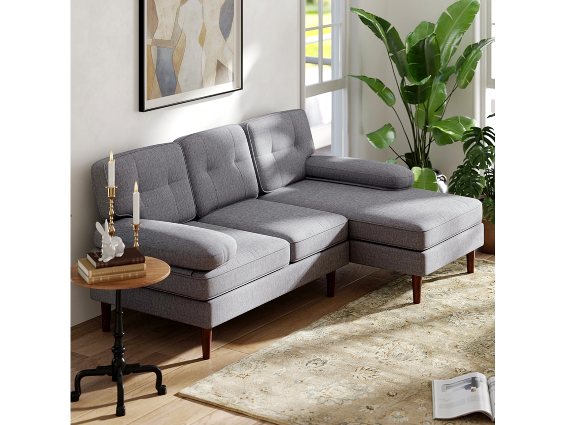 Sofá em L para Sala com Chaise Longue, Estofado em Poliéster, Capacidade de 250 Kg, nas Medidas 215x142x88 Cm, na Cor Cinza