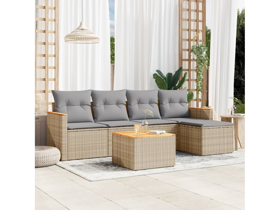 Vidaxl 6 Pcs Conj. Sofás Jardim C/ Almofadões Vime Pe Bege Misturado