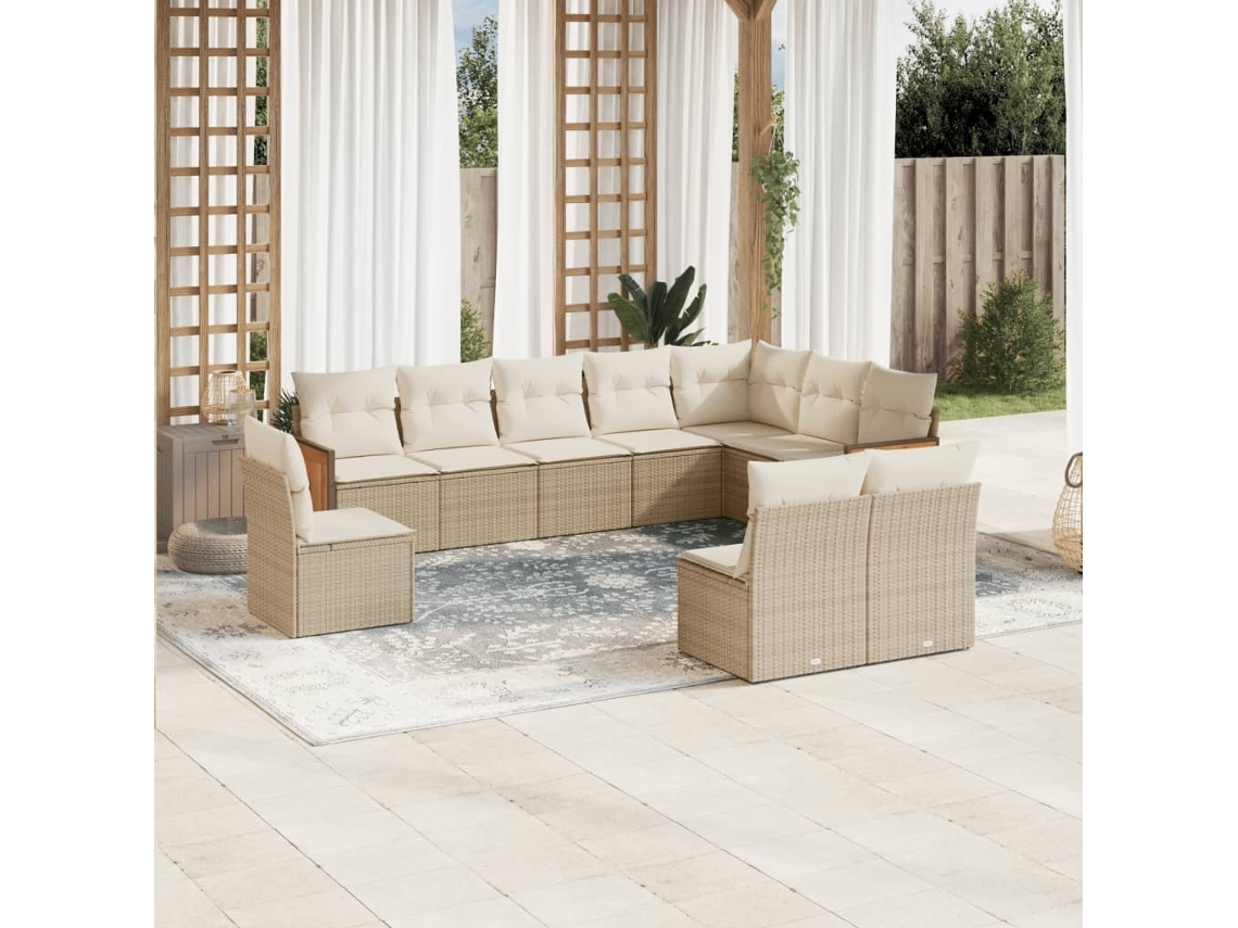 Vidaxl 10 Pcs Conjunto De Sofás P/ Jardim Com Almofadões Vime Pe Bege