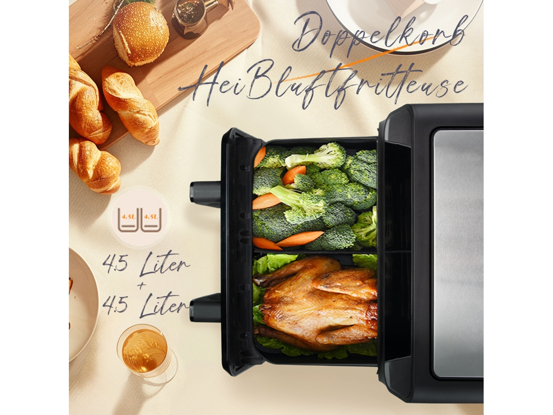 Fritadeira de Ar 9l, Câmara Dupla, 2200w, Janela de Visualização, Display Led, Cestos Reguláveis Independentes para Cozimento Versátil Doméstico.