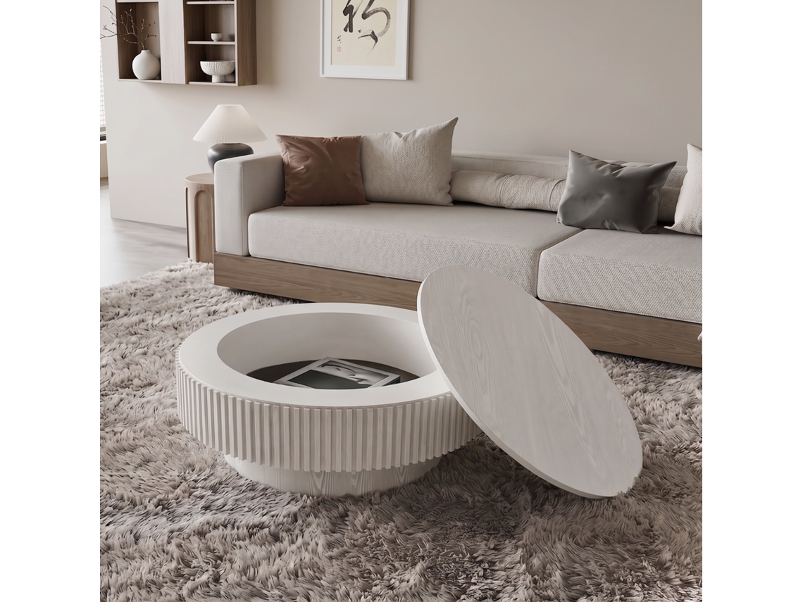 Mesa Centro Redonda Ø75 Cm Com Arrumação Madeira Natural Retro Branco
