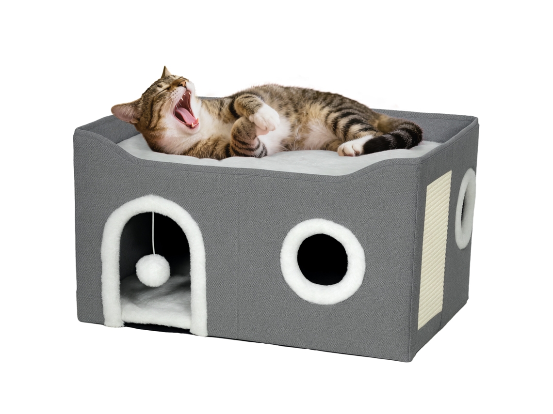 Casa para Gatos Dobrável com Arranhador 3 Entradas Bola Pendurada Almofada Reversível em Pelúcia e Tipo Linho 60x40x34 Cm Cinza Ge