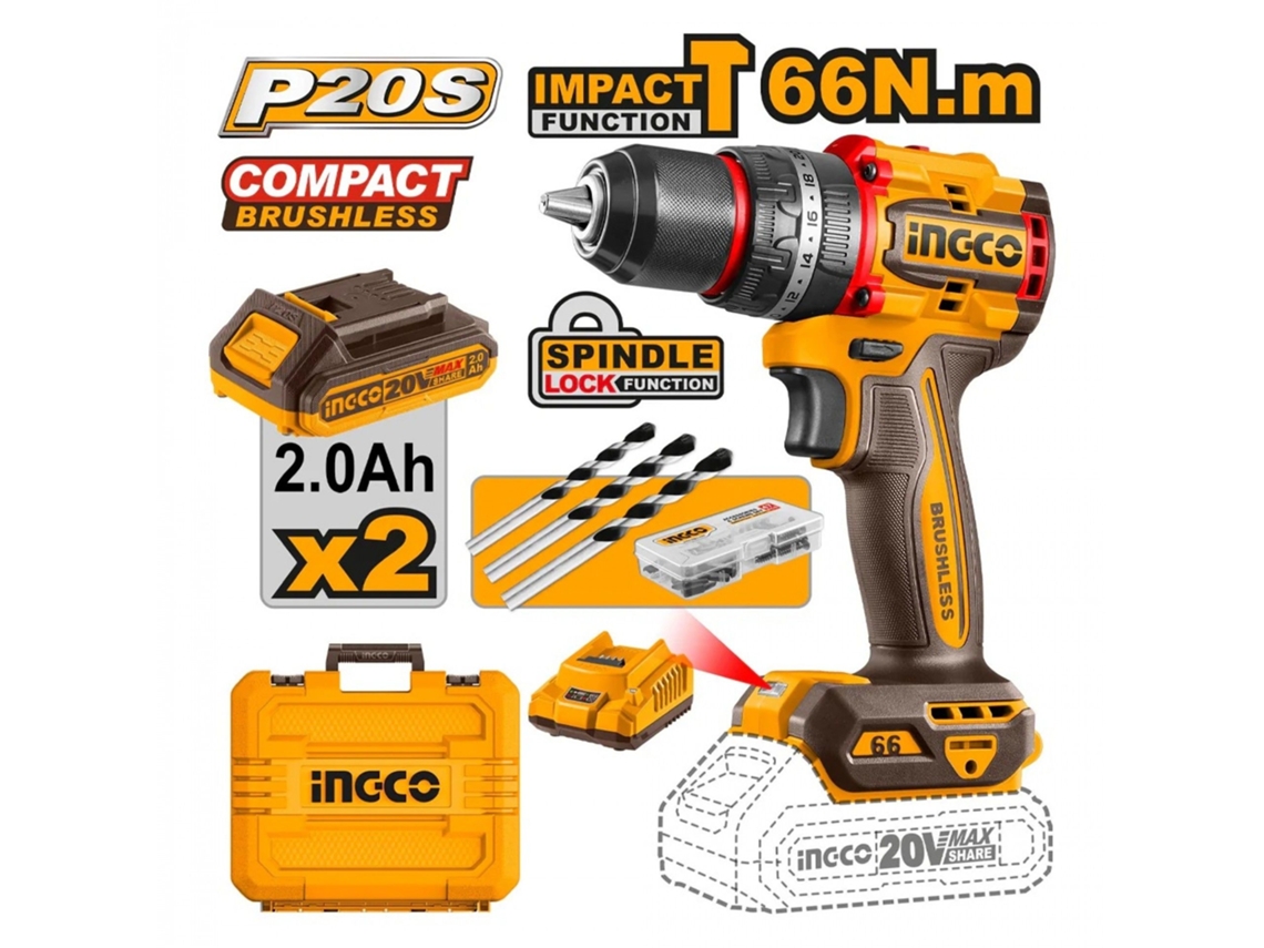 Parafusadeira C/percussão Ingco 66nm Brushless 2 Baterias 2.0ah C/mala Cidli20668e