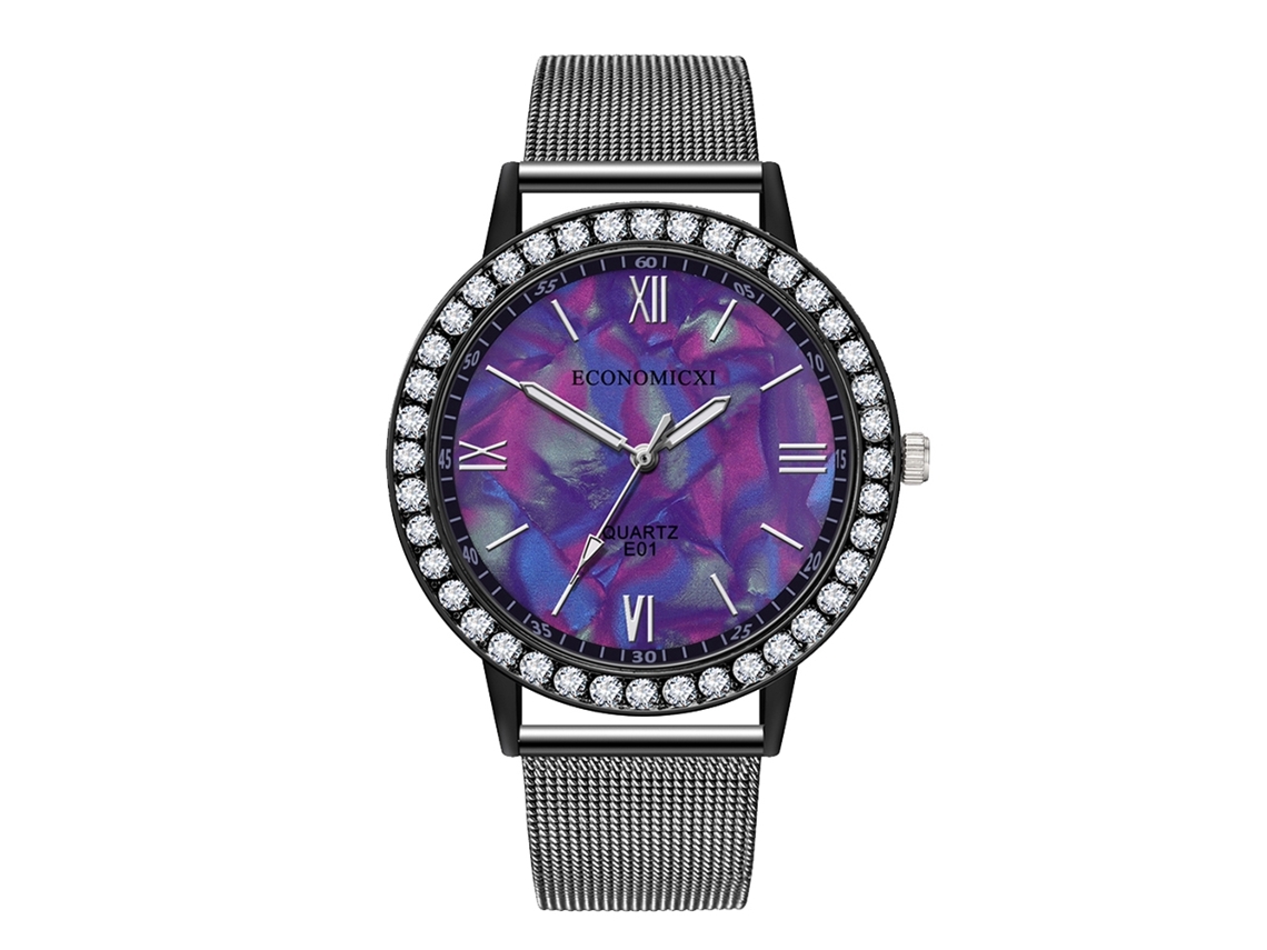 Reloj De Números Romanos Con Strass Correa De Malla Cuarzo Moda (w1 Negro)