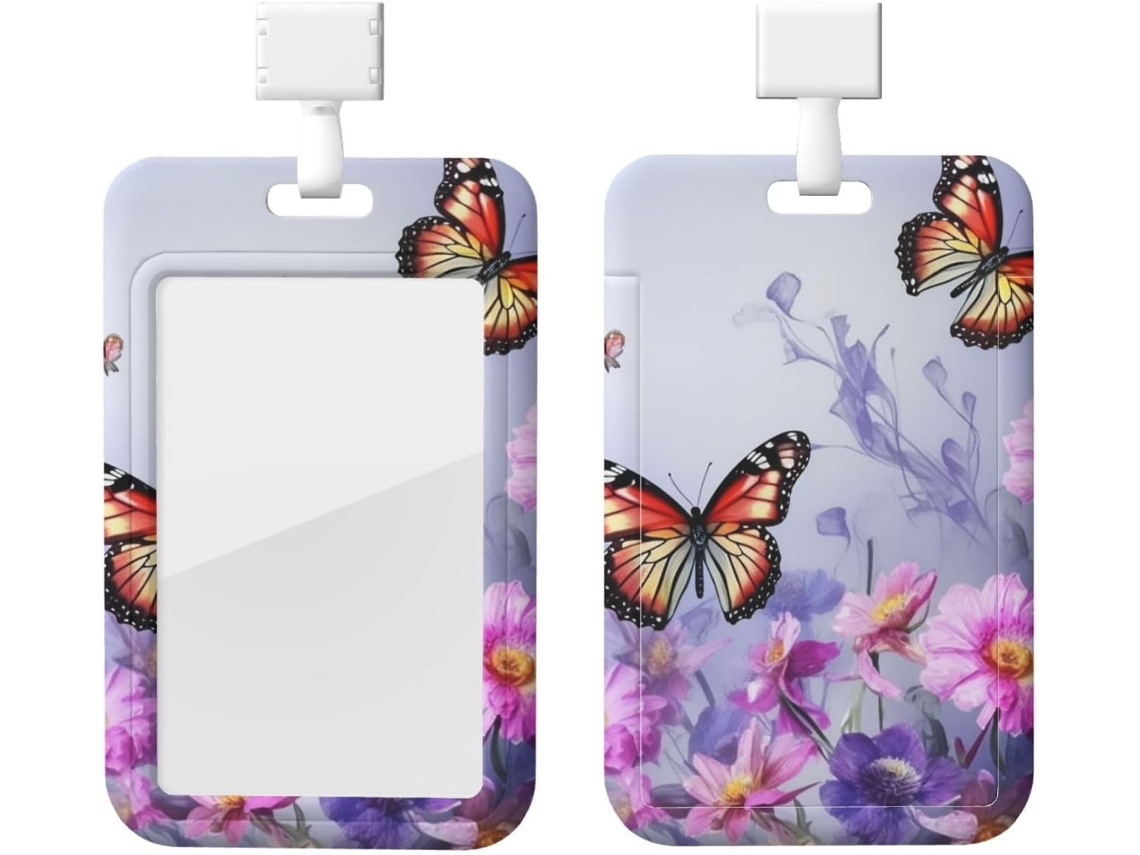 Porta-cartões Crachá com estampa de flores e borboletas, protetor de cartões vertical com cordão, camada de plástico impermeável
