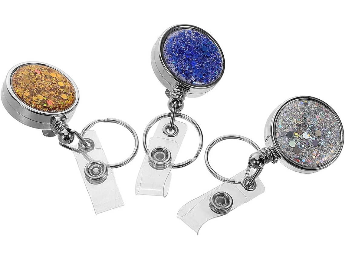 Conjunto De 3 Porta Crachás Retráteis Na Cor Prata Com Acabamento Liso, Revestimento Uv Durável E Design Elegante Com