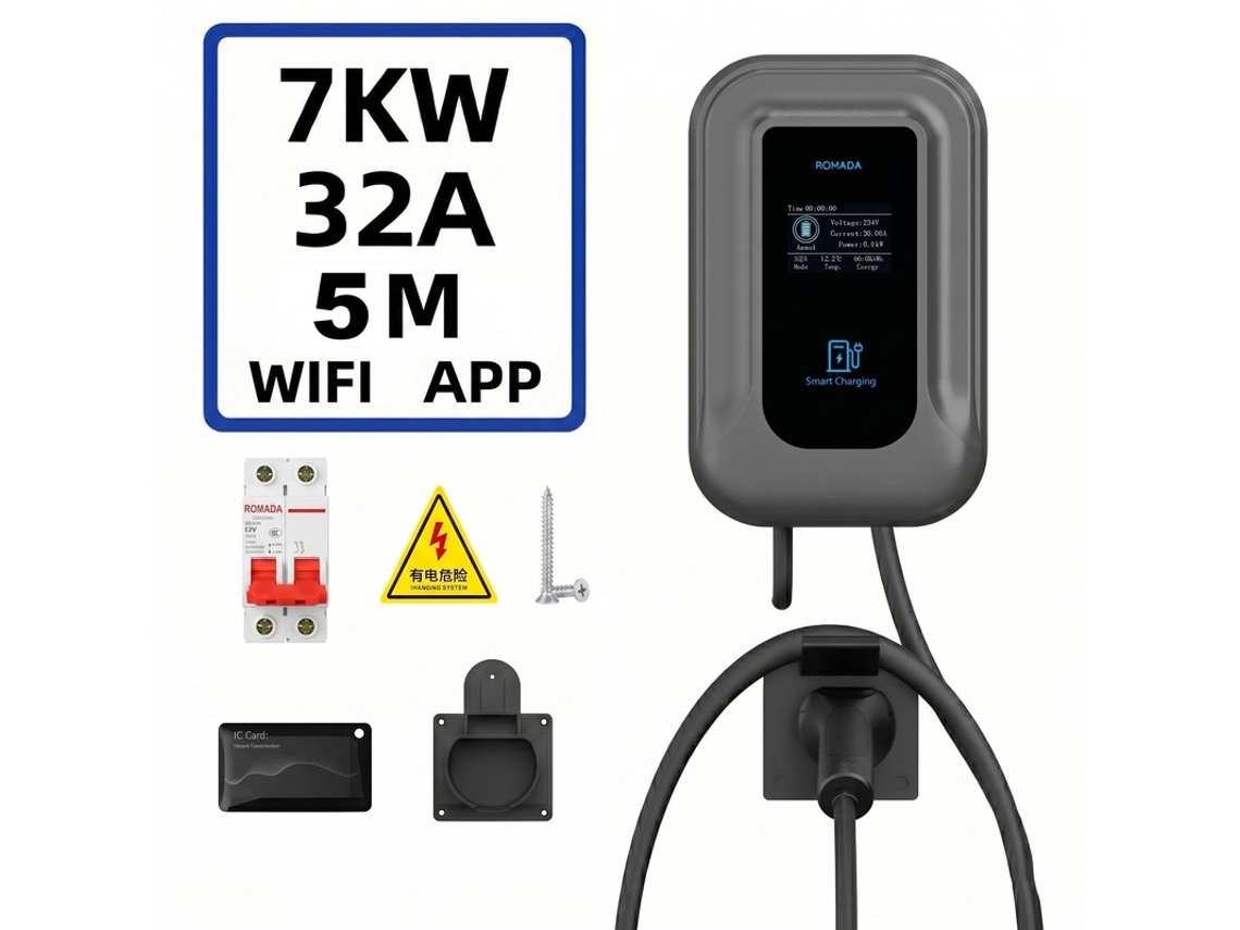 Wallbox Carregador Carro Elétrico Tipo 2 SZSMART Qc5 7kw 32a Monofásico Ajustável, Wifi/app, Rfid, Ecrã Lcd, Cabo Aberto 5m