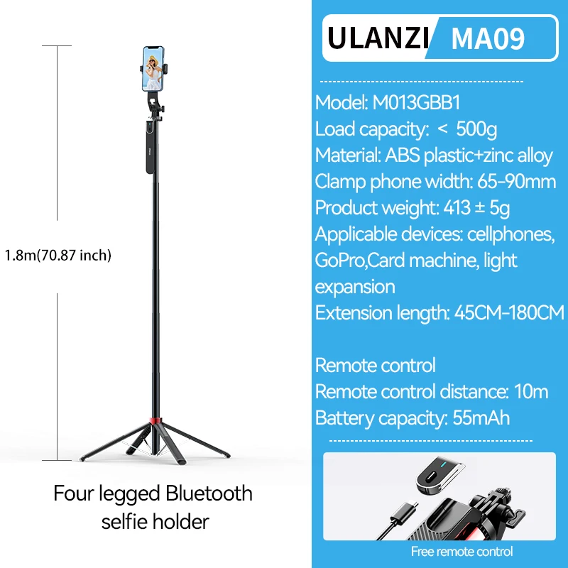 Tripé para selfies de 1,8 m com controle remoto e cabeça panorâmica, compatível com iPhone 16/15 e celulares Android.
