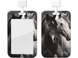 Porta-objetos para cômoda com estampa de cavalo em marrom e branco, com cordão, em plástico impermeável.