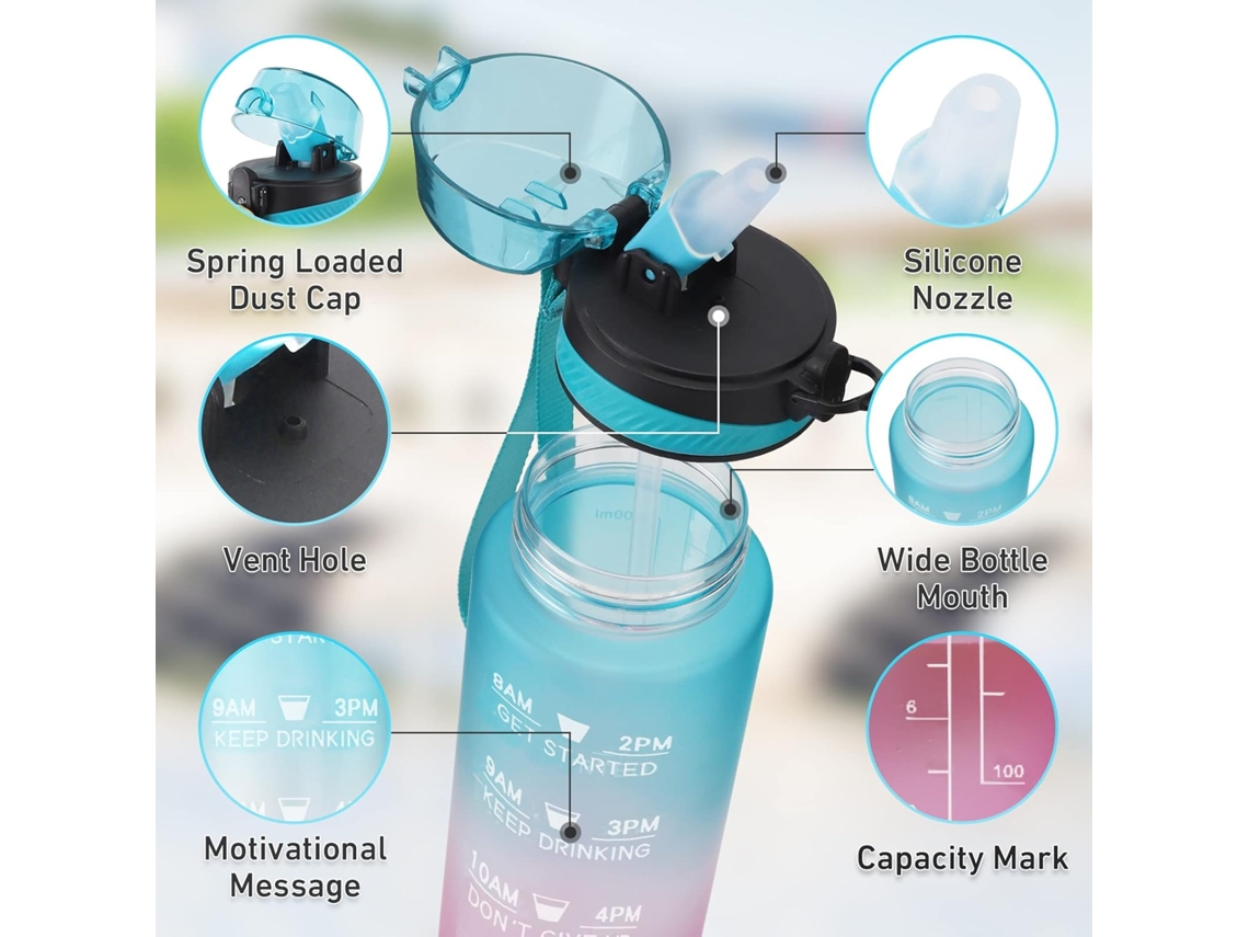 Garrafa de água de 1 litro livre de BPA, garrafa para bebidas esportivas, água motivacional, Brilvibera