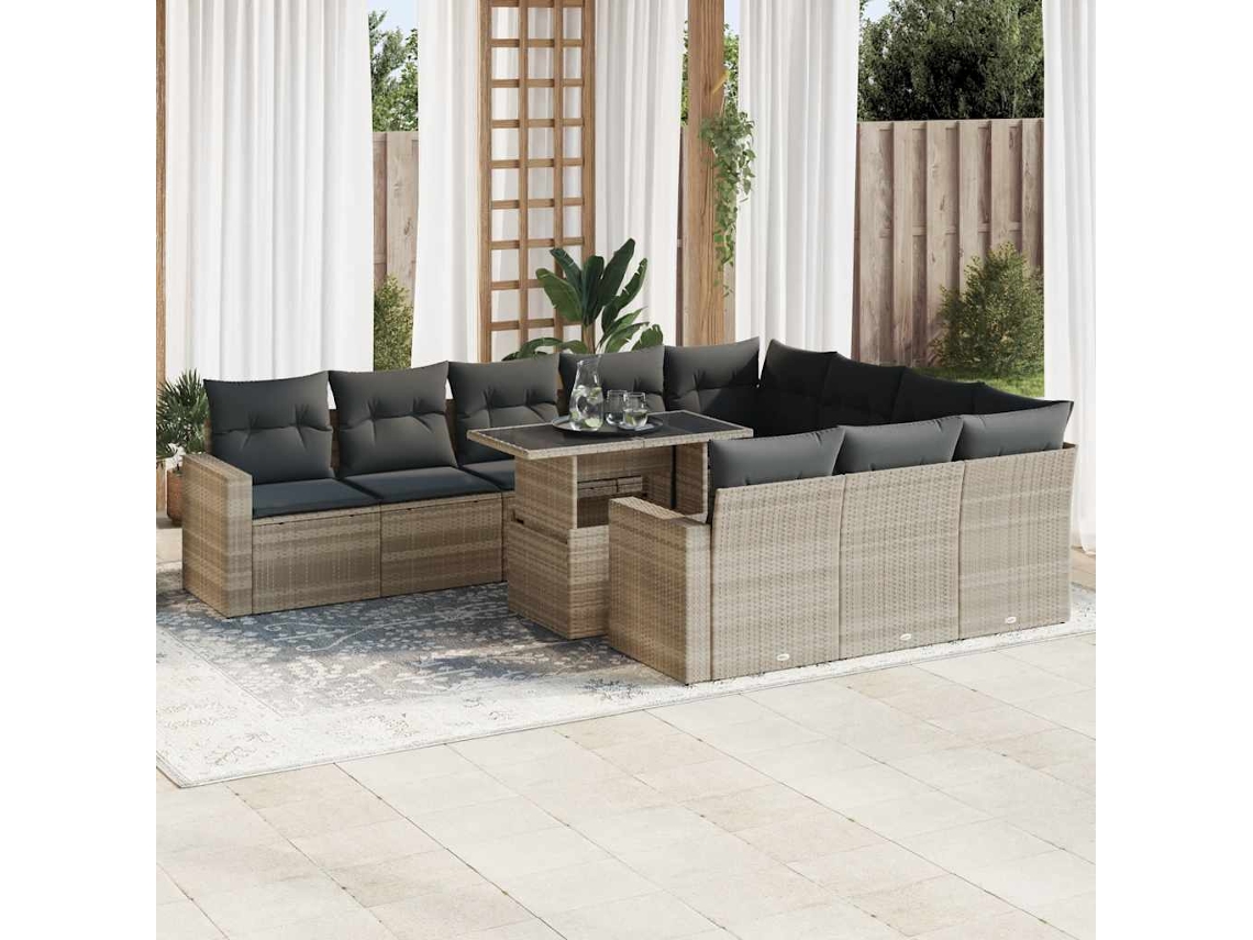 Vidaxl 11 Pcs Conjunto Sofás de Jardim C/ Almofadões Vime Pe Cinzento