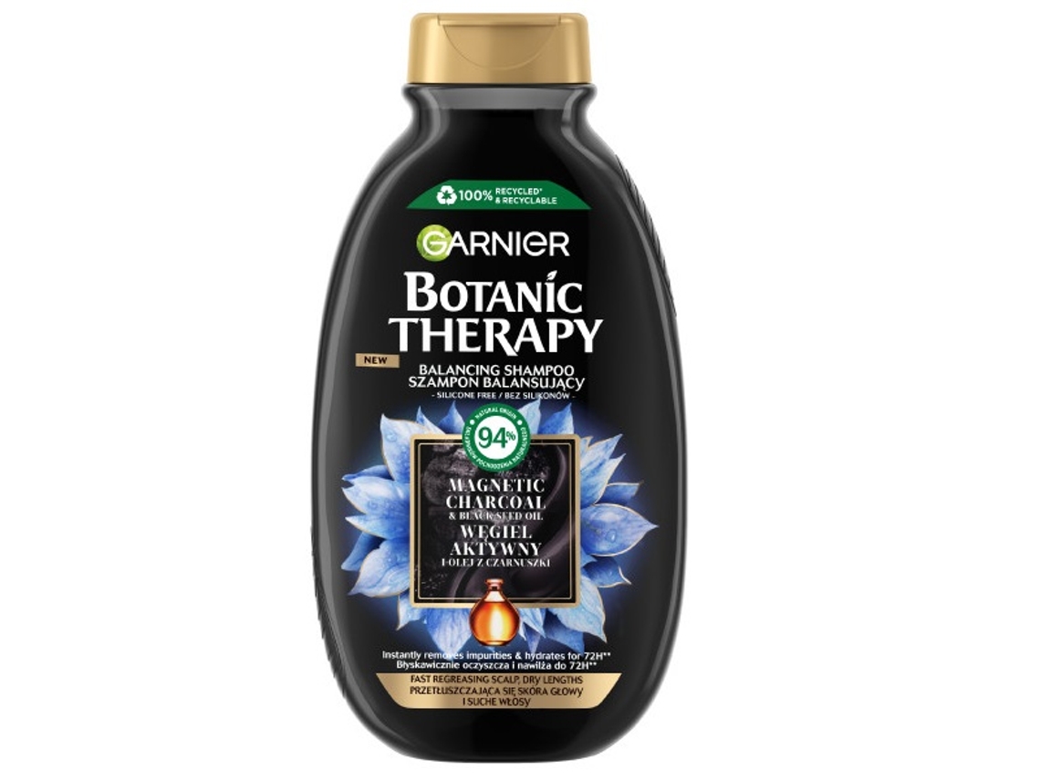 Shampoo Botanic Therapy Charcoal Black Comb Oil, equilibra cabelos oleosos e acalma couro cabeludo seco, 400ml Garnier