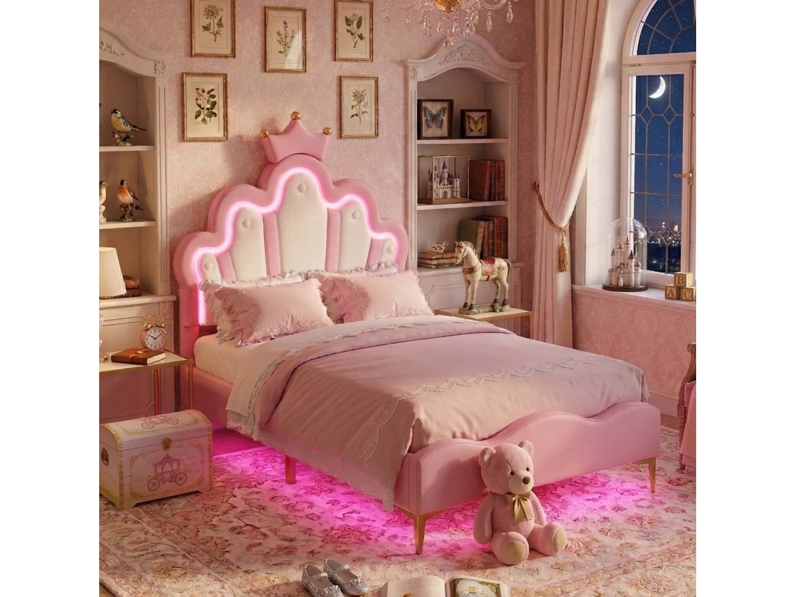 Cama Infantil em Pele Sintética com Led Rgb e Cabeceira Coroa, Rosa, 90x200 Cm LAZYSPACE