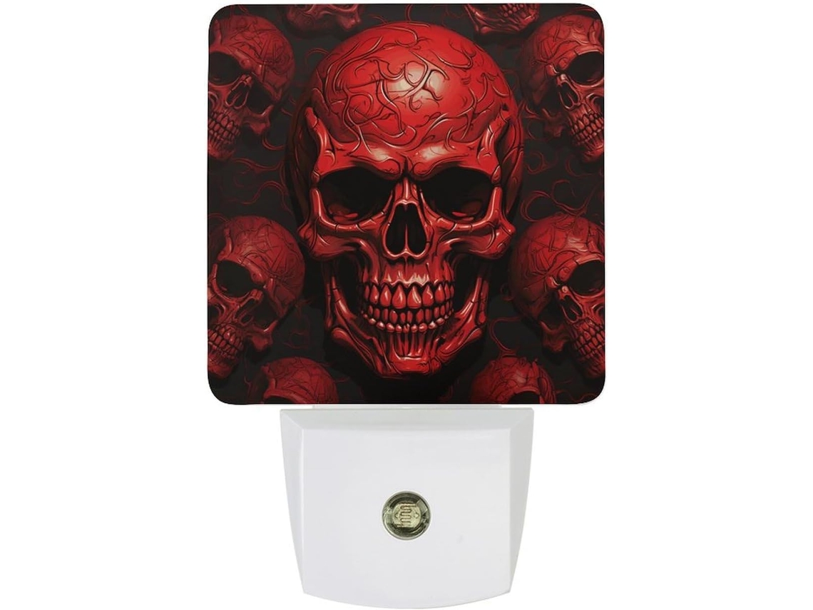 Luminária de parede LED noturna com plugue, acendimento automático, sensor crepuscular e design de caverna vermelha.