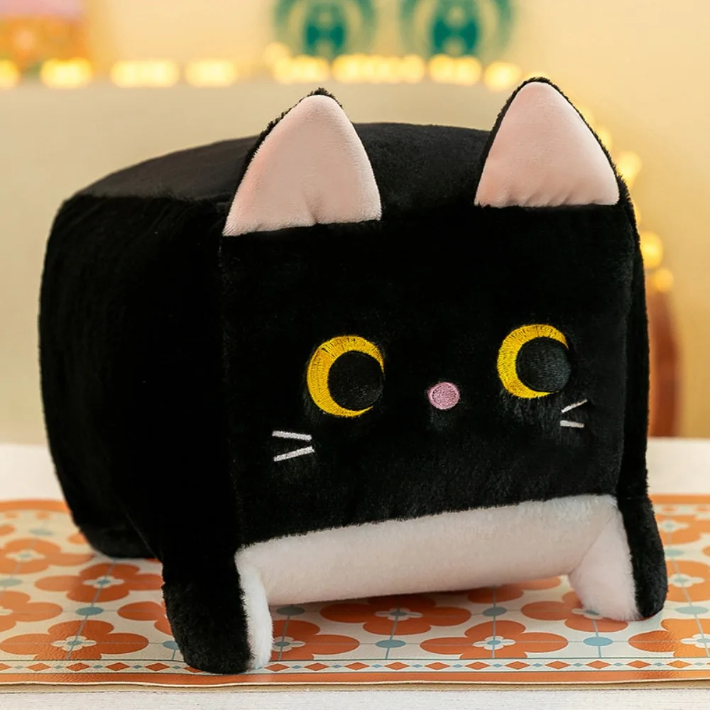Almofada de Pelúcia Macia em Formato de Gato Quadrado MDUG (preto 30cm)