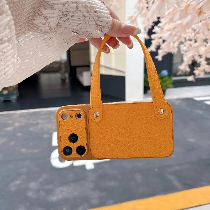 Capa De Couro Genuíno Para Iphone 14 Pro Max (amarela), Com Alça De Pulso, Resistente A Impactos E Portátil.