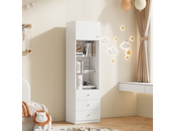 Armário Alto com Vitrina e Estante de 50×40×180 Cm Espaço Aberto, Gavetas, Prateleiras de Vidro com Altura Ajustável Branco NOVELA