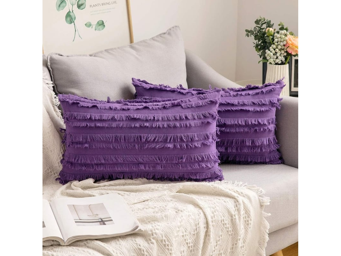 Conjunto De 2 Capas De Almofada Boho Decorativas Jacquard Listrado Linho Sofá Quarto Sala De Estar 12x20 Polegadas Roxo