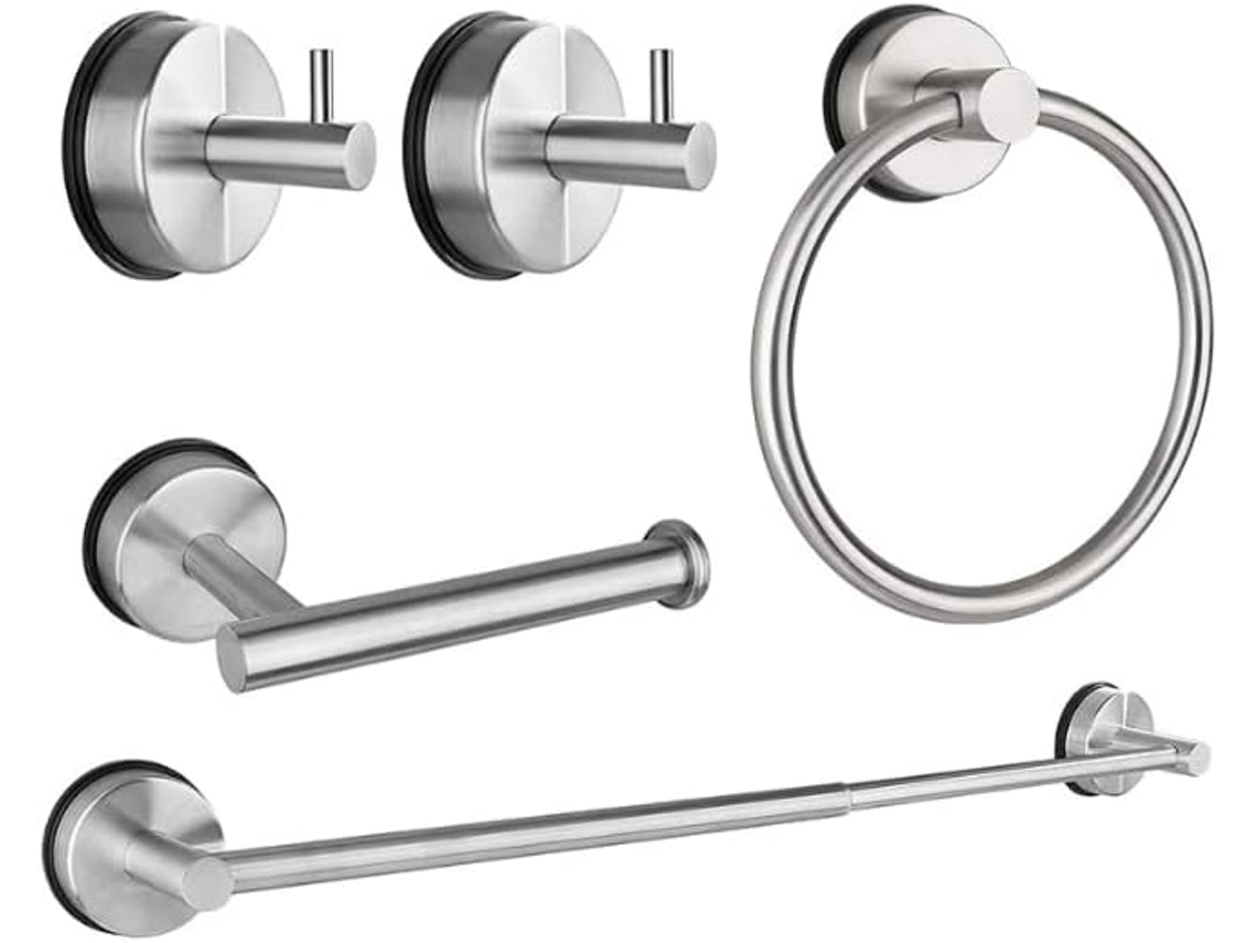 Conjunto De 5 Peças Acessórios Para Banheiro Com Suporte Toalhas, Argolas E Ventosas, Barra Extensível Para Toalhas