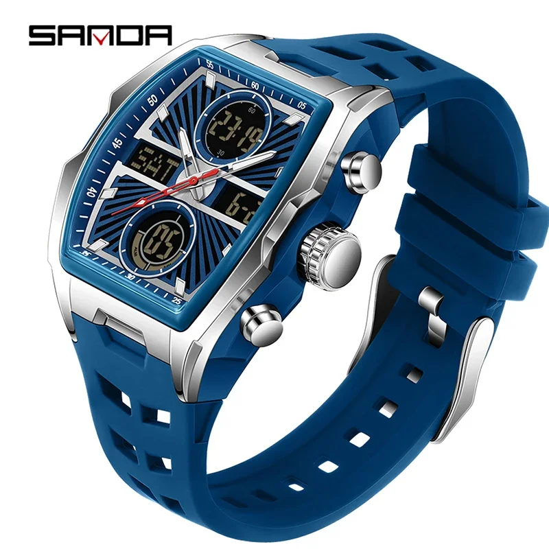 Relógio de Quartzo Masculino Esportivo de Luxo com Visor Duplo, Cronógrafo e Resistência À Água. MDUG (azul Prateado)