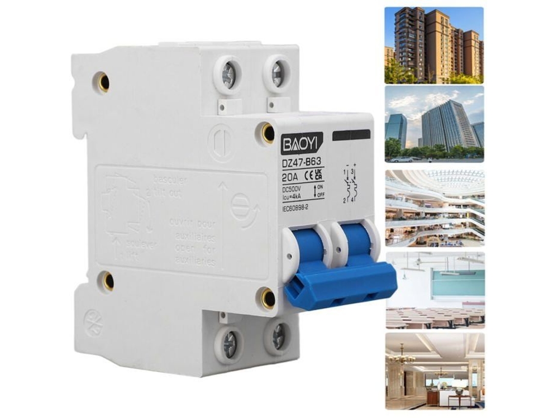 Disjuntor Miniatura Dc 2p Tipo B Para Trilho Din Com Fusível Sistema Solar Dc500v 20a Yyv
