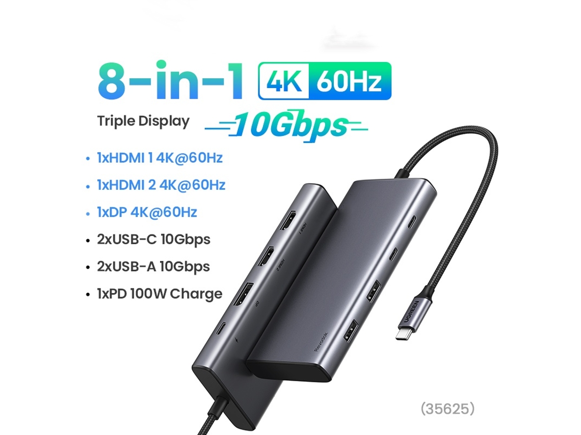 Yizhood Docking Station Triple Fabric USB C 10 Gbps 4k HDMI 8 em 1 HDMI DP USB3.2 PD 100 W Dock para Macbook Pro Air PC Cinza