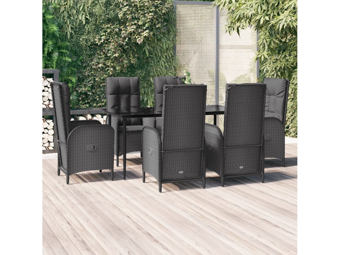 Vidaxl 7 Pcs Conjunto De Jantar P/ Jardim C/ Almofadões Vime Pe Preto