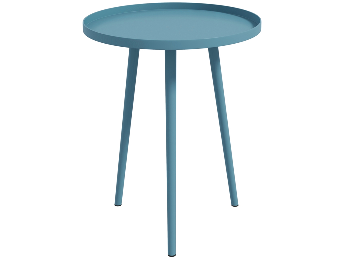 Mesa de Centro redonda para jardim, com estrutura de aço e tampo de vidro, Ø40x50cm, azul