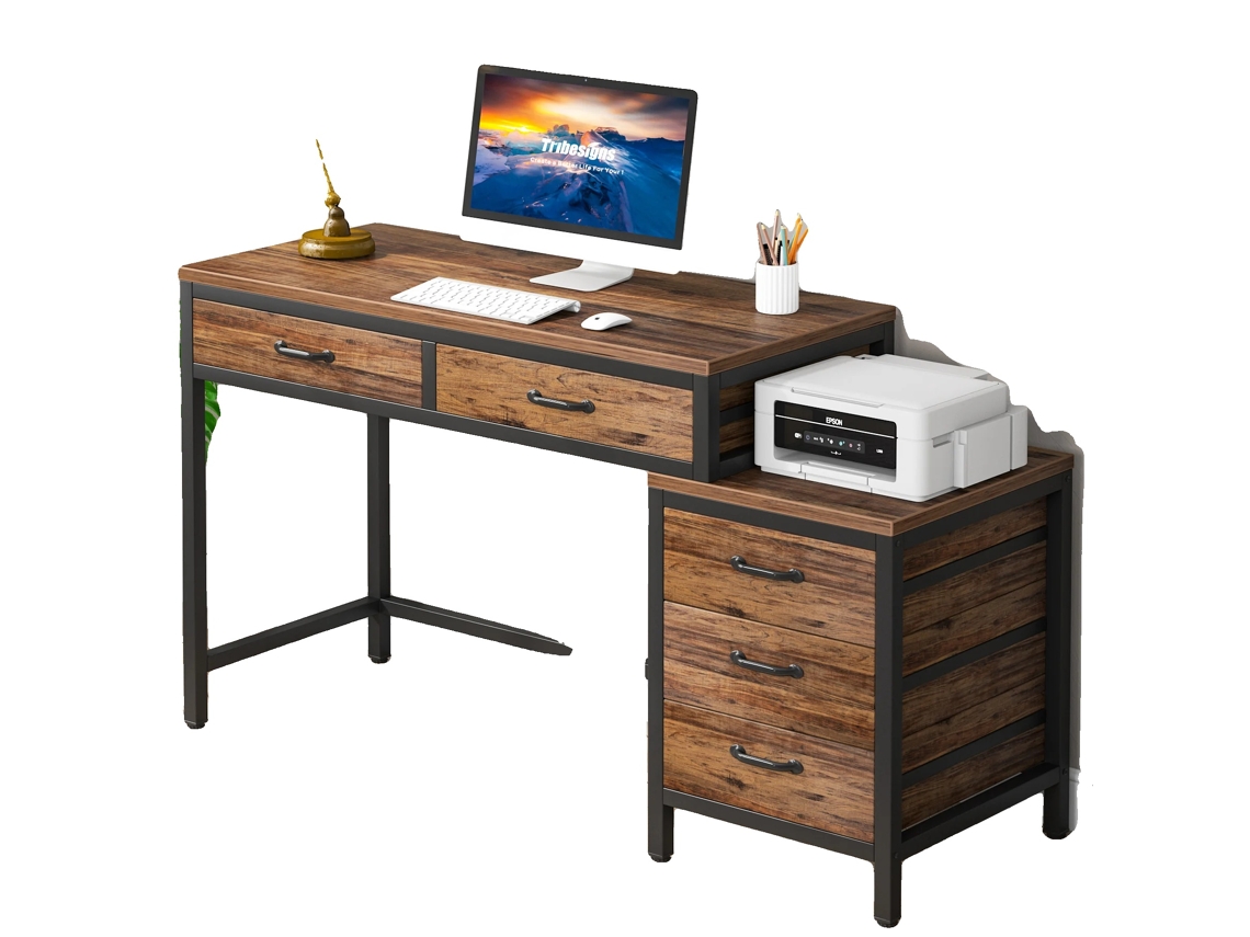 Mesa De Computador, 5 Gavetas, Design Compacto, Marrom