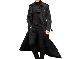 Casaco Longo De Trench Para Homem Com Lapela, Jaqueta De Sobrepor Simples, Roupa Exterior Preto