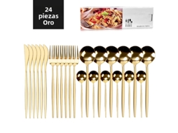 Conjunto De Talheres De Aço Inoxidável (dourado) Com 24 Peças, Incluindo Faca, Colher, Garfo E Talheres Prateados Estilo Ocidental.