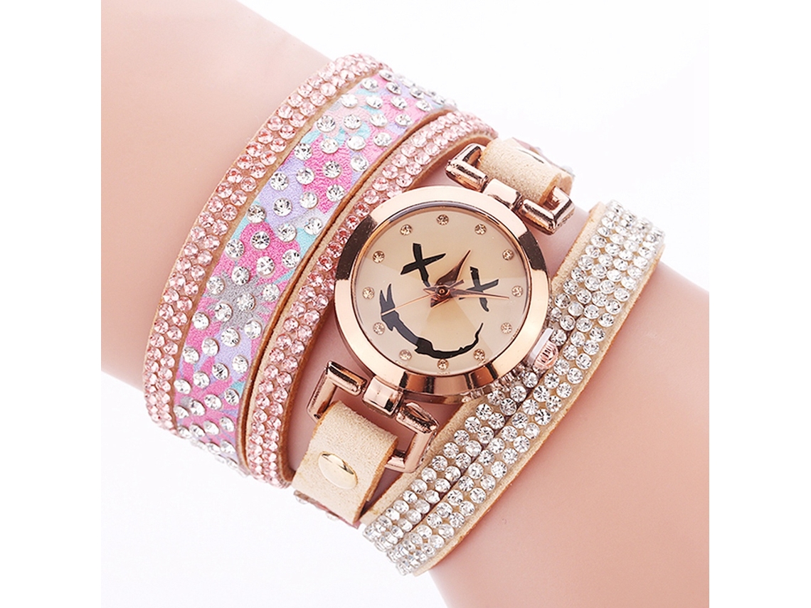 Relógio de Pulso Feminino de Quartzo com Strass Camurça Multicamada Prateado