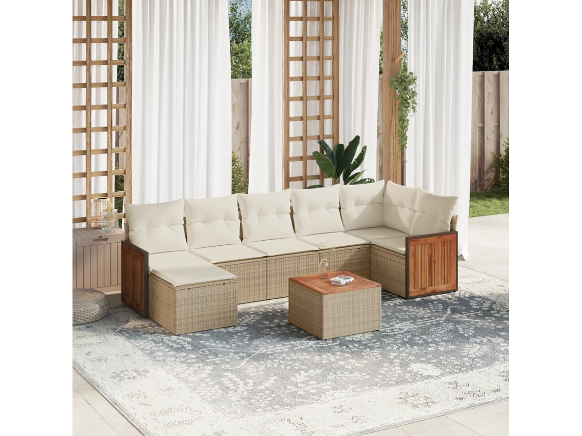 Vidaxl 8 Pcs Conjunto De Sofás P/ Jardim Com Almofadões Vime Pe Bege