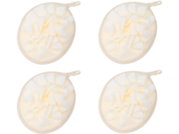 Conjunto de 4 flores de banho bege com cordão PE e esponja esfoliante de espuma rica.