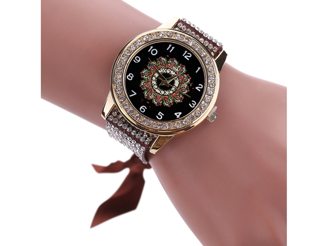 Relógio de Pulso Feminino de Quartzo com Pulseira de Tecido e Strass Estampa Moda Preto