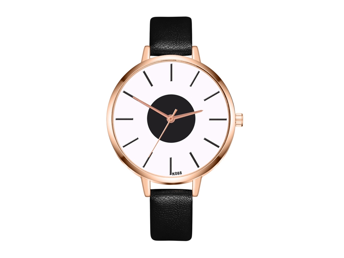 Relógio de Pulso Feminino Fashion com Mostrador Redondo e Pulseira de Couro Preto