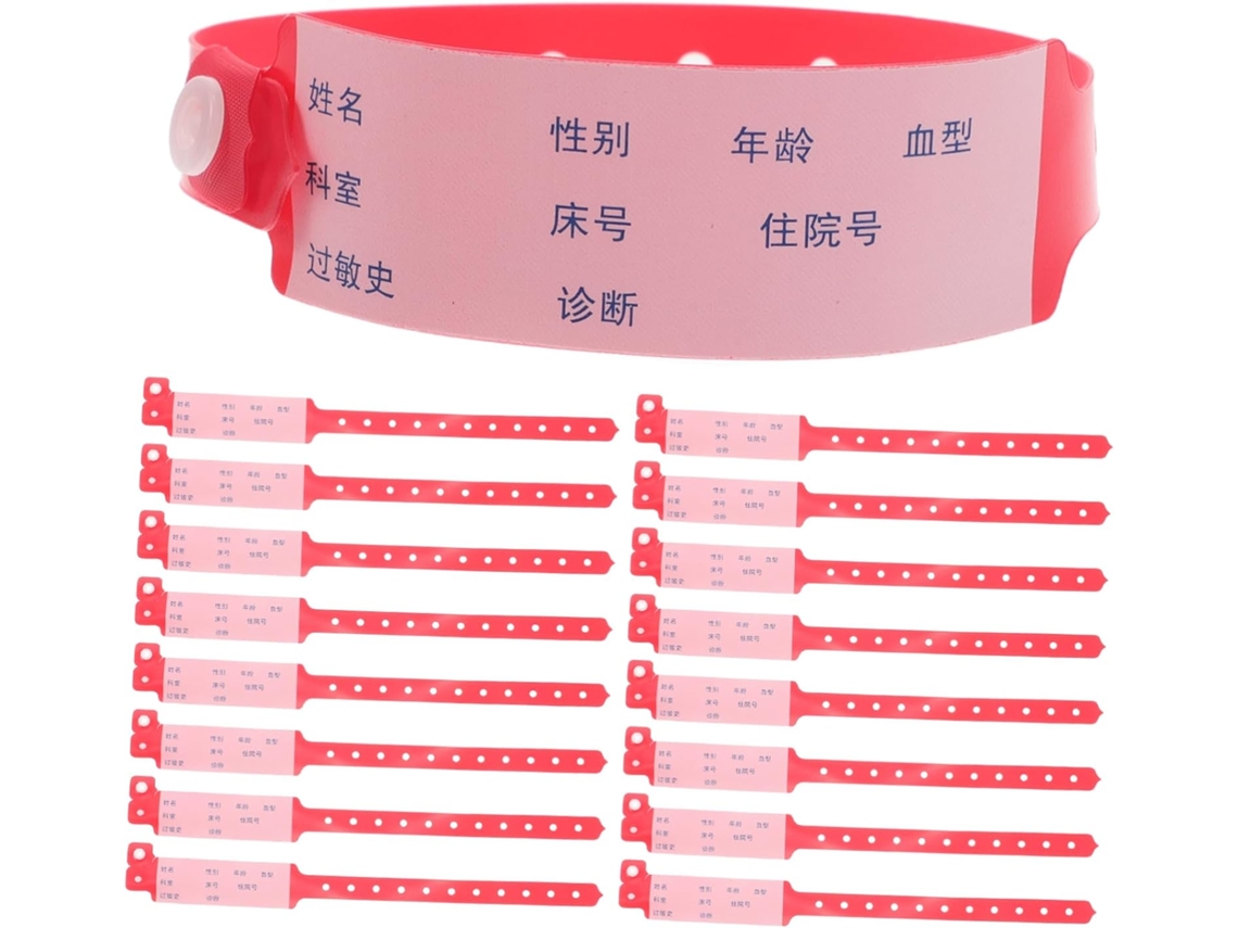 Pacote com 100 pulseiras descartáveis para uso hospitalar, para adultos, coloridas, ideais para eventos e internacionais.