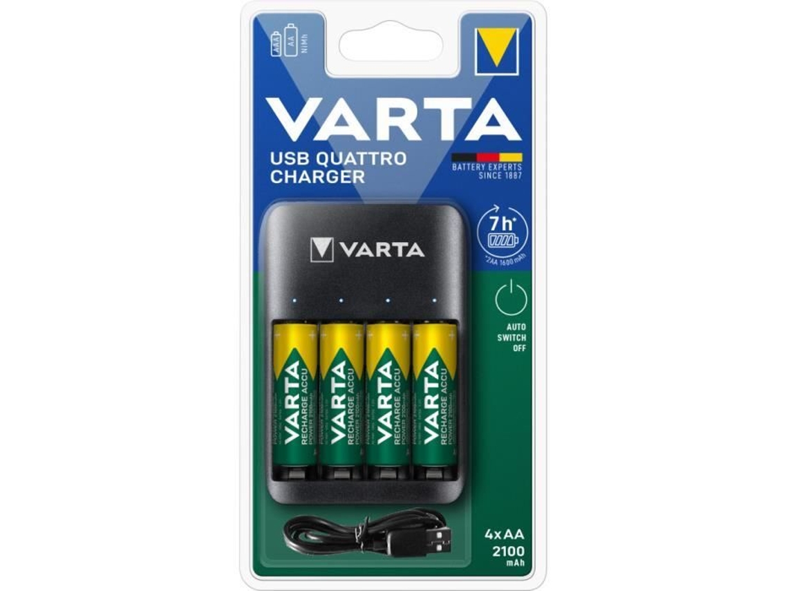 Carregador Quattro econômico para 1 a 4 pilhas AA ou AAA. Inclui 4 baterias Varta de 2100 mAh pré-carregadas.