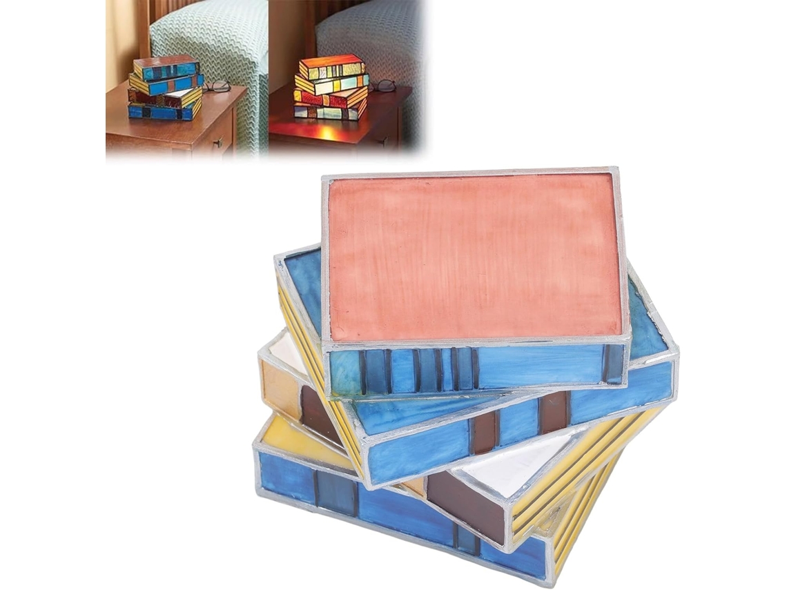 Luminária De Mesa Vintage Sorandy Em Vitral, Luminária De Livros Empilhados Em Vidro, Luminária De Mesa Artesanal Em
