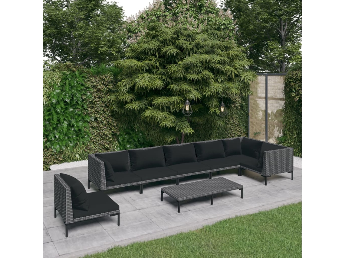 Vidaxl 8 Pcs Conj. Lounge Jardim C/ Almofadões Vime Pe Cinzento-escuro