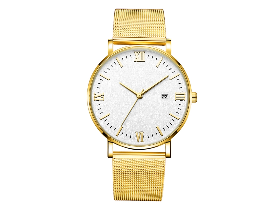Relógio de pulso masculino mecânico de quartzo, esportivo, pulseira e caixa douradas, mostrador branco.