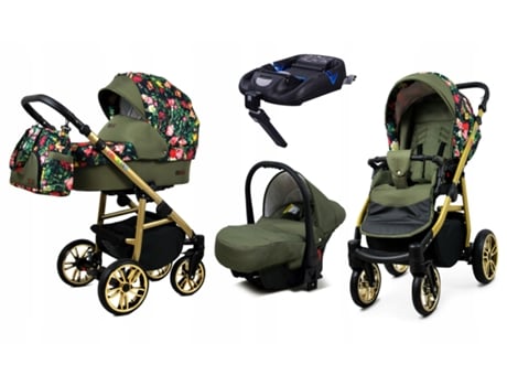 Carrinho de Bebé Multifuncional BABYLUX CLASSIC GOLD 4 Em 1 -Roses With Tulips On Black GOLD FRAME - Ajustável e dobrável Construção leve em alumínio