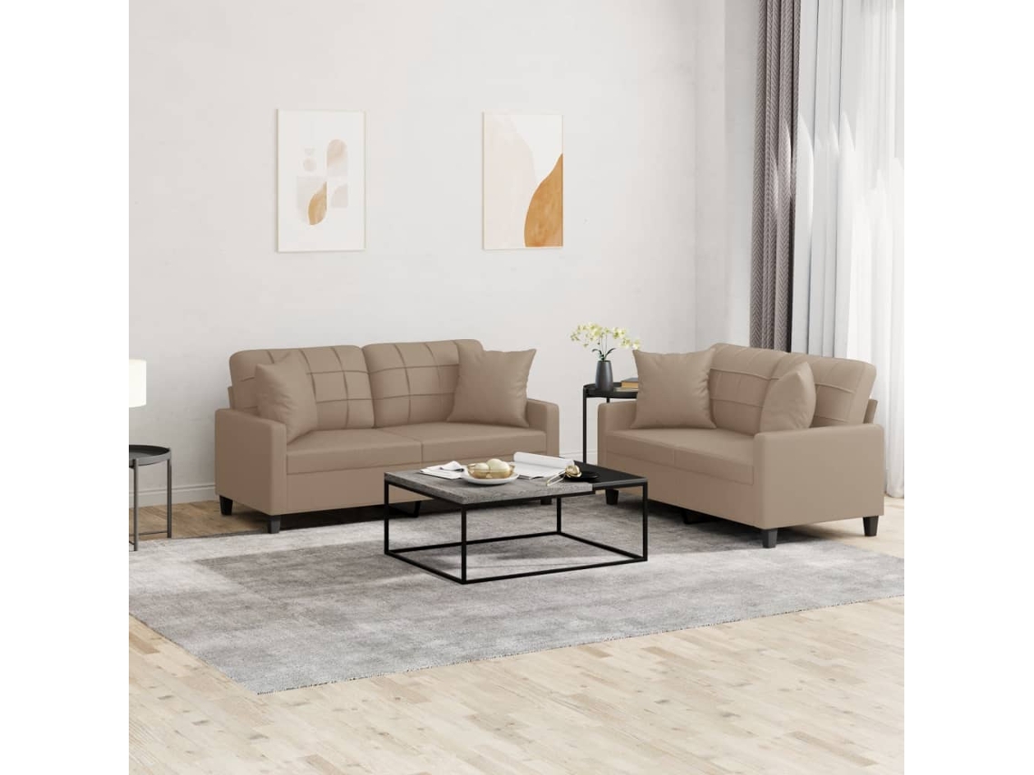 Vidaxl 2 Pcs Conjunto Sofás C/ Almofadas Couro Artificial Cappuccino