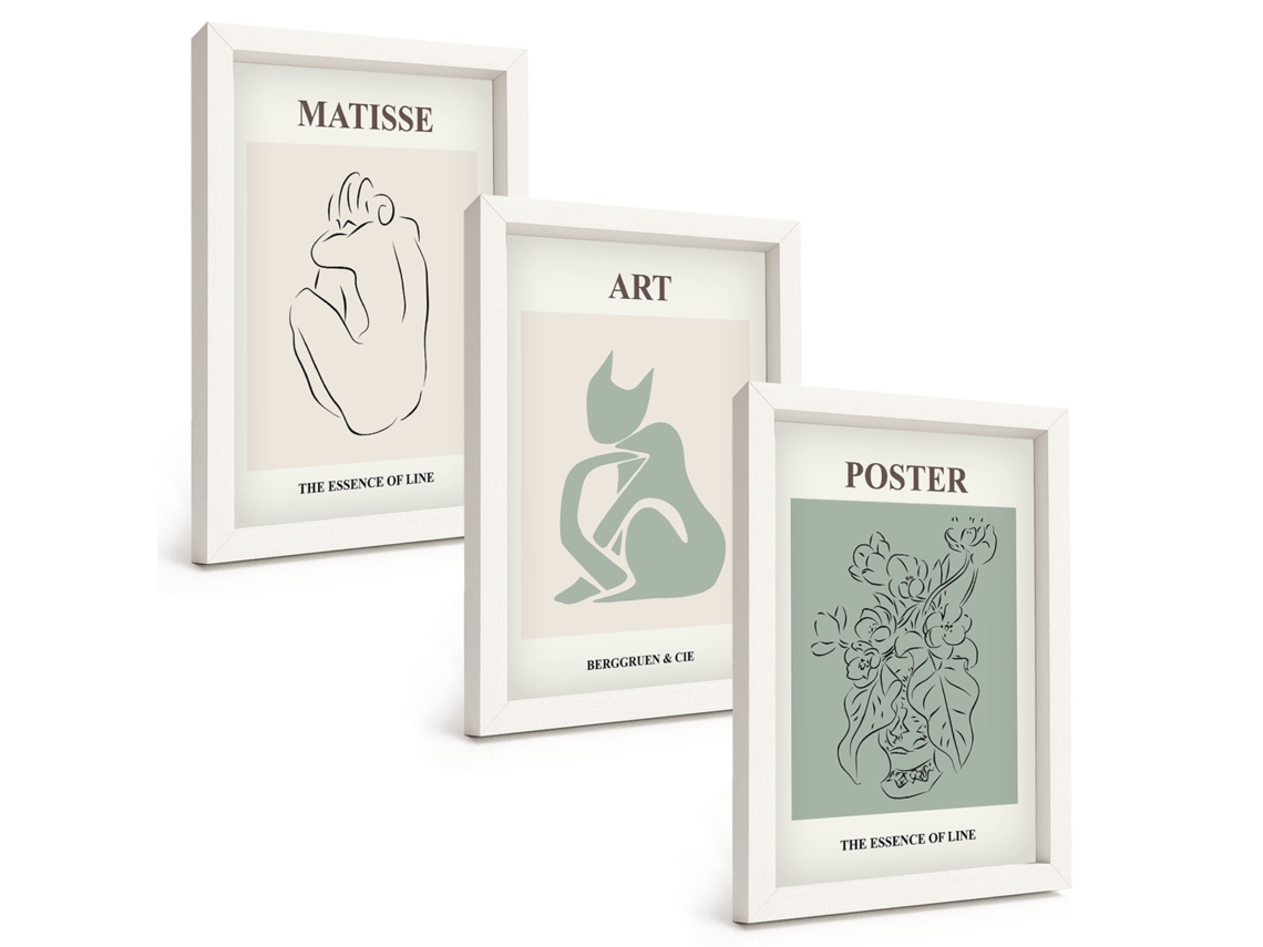 Composição De Quadros Pôsteres Em Tons De Bege E Verde De Matisse Espelharte (3 Peças 20x30 Cm)