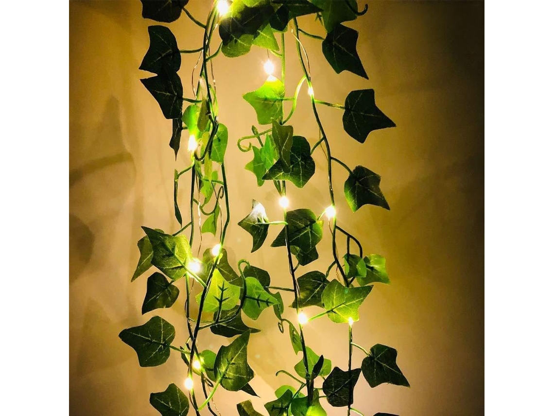 Cordão De Luzes Led Artificiais Com Folhas Verdes, Fada A Bateria