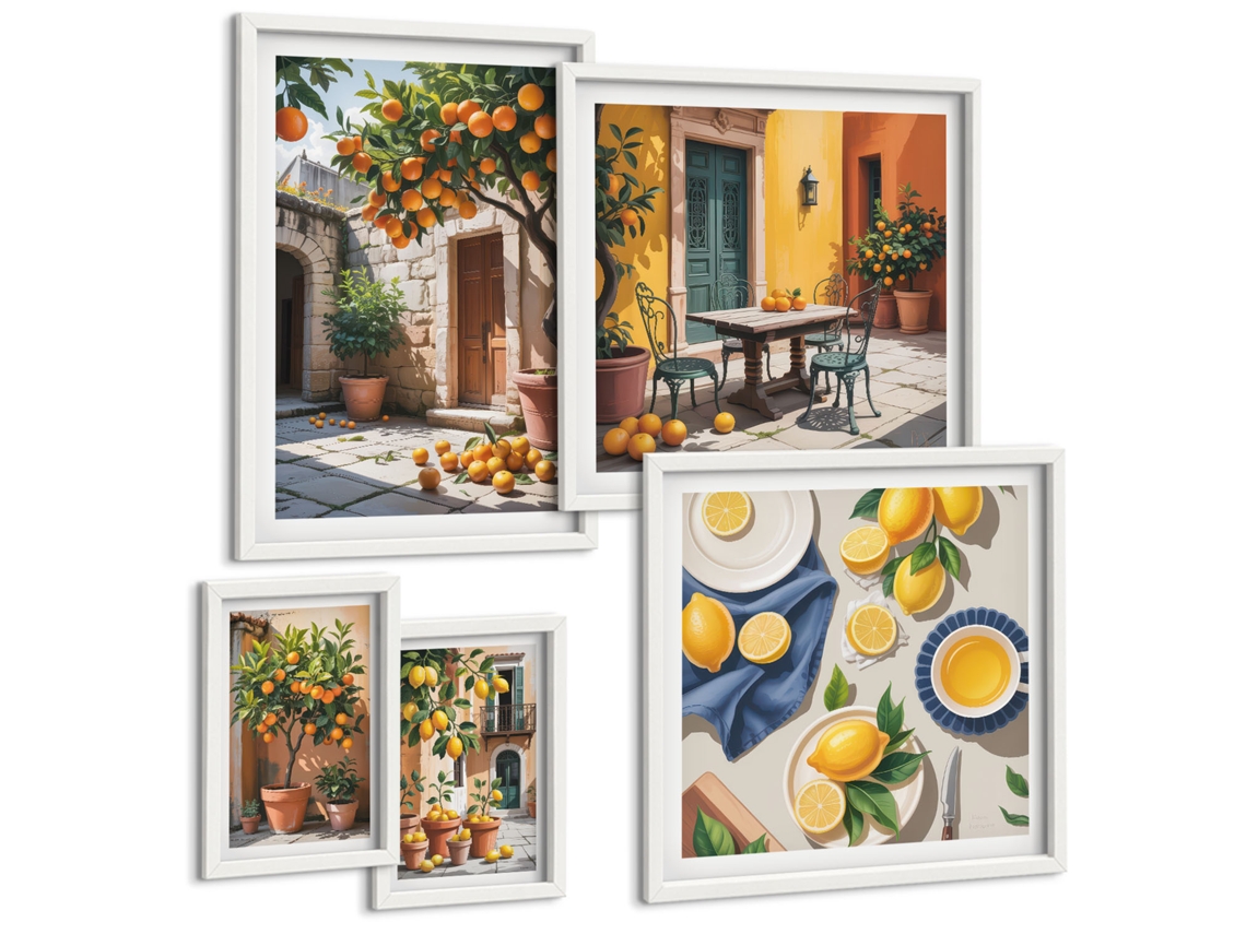 Galeria De Pinturas Murais Jardim, Frutas Cítricas E Sol Moldura Branca Quadros Para A Sala De Estar Espelharte (conjunto De 5 Imagens)