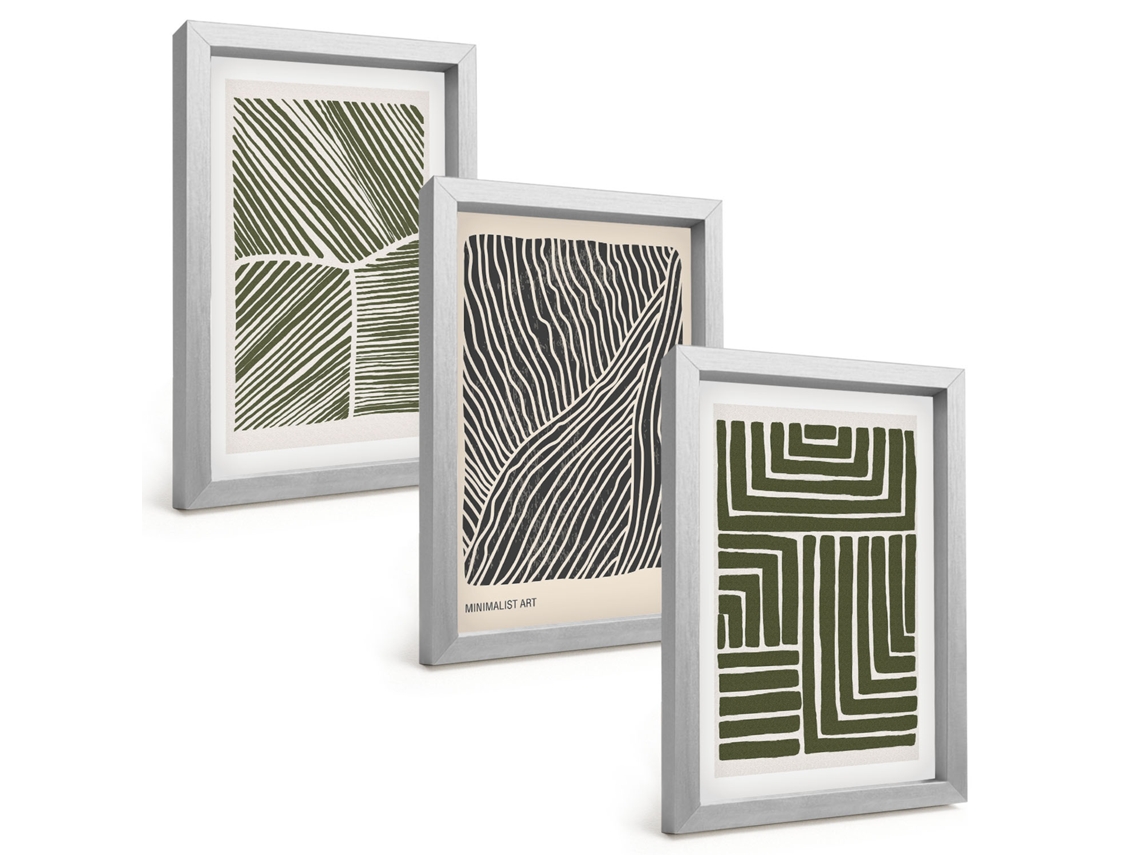 Composição De Quadros Padrões De Linhas Verdes Formas Espelharte (3 Peças 20x30 Cm)