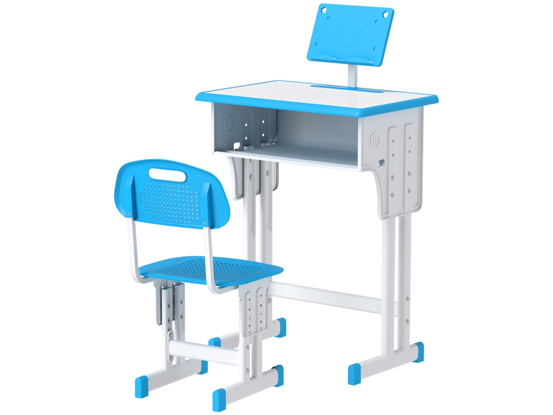 Conjunto De Secretária E Cadeira Para Crianças Com Altura Ajustável 1 Gaveta E 1 Prateleira Para Livros 60x45x90-120 Cm Azul